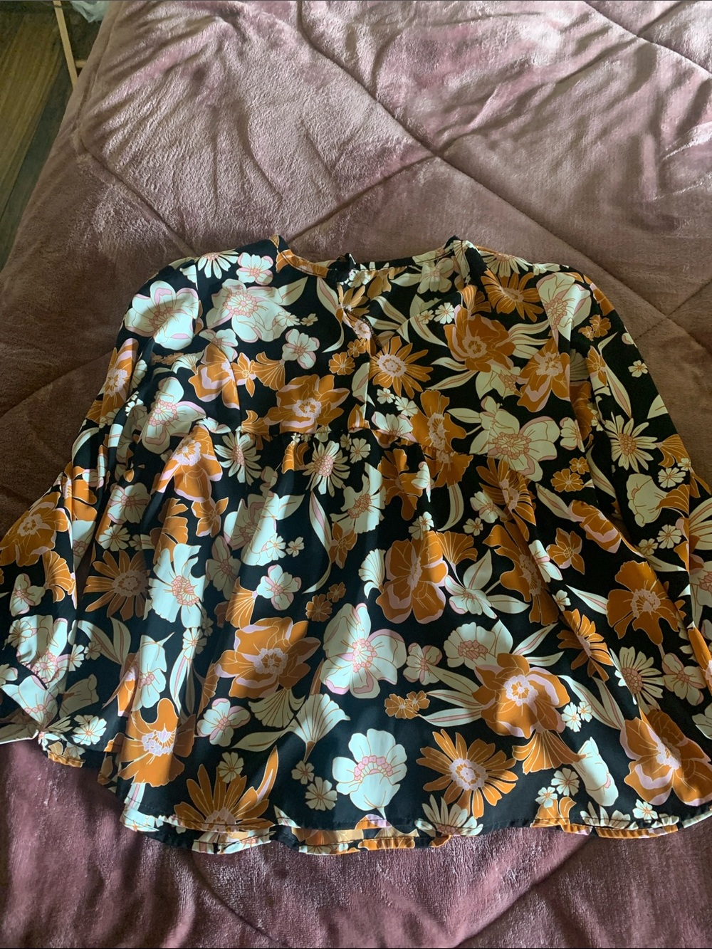 Amaryllis Black Floral Blouse with Orange and Cream Flowers